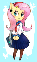 Size: 798x1316 | Tagged: safe, artist:nendo, derpibooru import, edit, fluttershy, clothes, cute, eyebrows, shyabetes, uniform