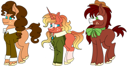 Size: 3197x1675 | Tagged: safe, artist:musical-medic, derpibooru import, oc, oc only, earth pony, pony, unicorn, bowtie, clothes, coat markings, earth pony oc, freckles, glasses, half-siblings, hat, horn, magical gay spawn, offspring, parent:big macintosh, parent:cheese sandwich, parent:sunburst, parents:mac n cheese, parents:macburst, parents:troublemac, simple background, socks (coat marking), sweater, transparent background, trio, unicorn oc