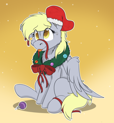 Size: 1908x2056 | Tagged: safe, artist:rokosmith26, derpibooru import, derpy hooves, pegasus, pony, bow, cheek fluff, christmas, christmas stocking, christmas wreath, commission, cute, derpabetes, ears, female, floppy ears, holiday, looking up, mare, one ear down, pegasus wings, raised hoof, raised leg, ribbon, simple background, sitting, smiling, solo, spread wings, sweat, sweatdrop, tongue, tongue out, wings, wreath, ych result