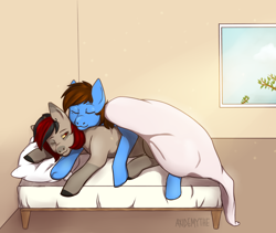 Size: 4950x4180 | Tagged: safe, artist:axidemythe, derpibooru import, oc, bat pony, pegasus, pony, bed, bedroom, commission, couple, cuddling, morning, romantic, sketch, sleeping, ych result