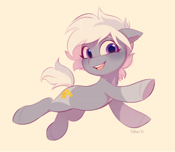 Size: 2997x2607 | Tagged: safe, artist:imalou, derpibooru import, oc, oc only, oc:silver bolt, earth pony, pony, female, looking at you, mare, open mouth, open smile, simple background, smiling, smiling at you, solo, underhoof, yellow background