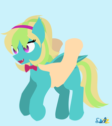 Size: 1380x1545 | Tagged: safe, artist:samsailz, derpibooru import, oc, oc:lutecia, bat pony, pony, bowtie, commission, hand, happy, holding a pony, lineless, no iris, smiling, solo, ych example, ych result, your character here