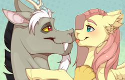 Size: 2200x1414 | Tagged: safe, artist:shchavel, derpibooru import, discord, fluttershy, draconequus, pegasus, pony, art, brony, bust, commission, cute, discoshy, female, kissing, looking at each other, love, male, mare, my little pony, portrait, shipping, smiling, smiling at each other, straight