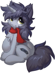 Size: 969x1280 | Tagged: safe, artist:hioshiru, derpibooru import, oc, oc only, oc:kate, pony, unicorn, 2022 community collab, cheek fluff, chest fluff, clothes, derpibooru community collaboration, ear fluff, ears, female, mare, scarf, simple background, sitting, smiling, solo, transparent background