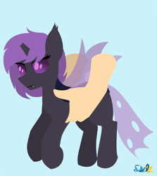 Size: 1380x1545 | Tagged: safe, artist:samsailz, derpibooru import, oc, changeling, pony, broken horn, commission, fangs, hand, holding a pony, horn, lineless, no iris, purple changeling, solo, ych example, ych result, your character here