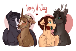 Size: 1073x727 | Tagged: safe, artist:royvdhel-art, derpibooru import, oc, oc only, deer, pegasus, pony, unicorn, antlers, blushing, bust, deer oc, eyes closed, flower, flower in mouth, horn, male, mouth hold, oc x oc, pegasus oc, rose, scar, shipping, simple background, smiling, stallion, unicorn oc, white background