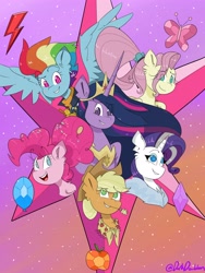 Size: 3024x4032 | Tagged: safe, artist:darkdoubloon, derpibooru import, applejack, fluttershy, pinkie pie, princess twilight 2.0, rainbow dash, rarity, twilight sparkle, twilight sparkle (alicorn), alicorn, earth pony, pegasus, pony, unicorn, the last problem, applejack's hat, blushing, clothes, cowboy hat, crown, element of generosity, element of honesty, element of kindness, element of laughter, element of loyalty, element of magic, elements of harmony, hat, jewelry, mane six, older, older twilight, open mouth, ponytail, regalia, scarf, smiling, stars, stetson