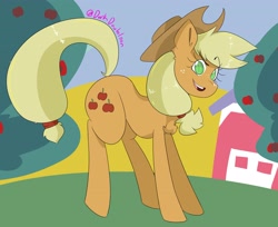 Size: 3588x2929 | Tagged: safe, artist:darkdoubloon, derpibooru import, applejack, earth pony, pony, apple, apple tree, applejack's hat, barn, chest fluff, clothes, cowboy hat, ear fluff, ears, female, food, freckles, hat, looking at you, mare, open mouth, smiling, smiling at you, solo, stetson, tree