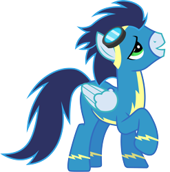 Size: 3000x3035 | Tagged: safe, artist:cloudyglow, derpibooru import, soarin', pegasus, pony, the best night ever, .ai available, clothes, folded wings, goggles, green eyes, high res, lidded eyes, male, raised hoof, raised leg, simple background, solo, stallion, tail, transparent background, uniform, vector, wings, wonderbolts uniform