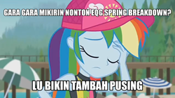 Size: 1280x720 | Tagged: safe, derpibooru import, edit, edited screencap, screencap, rainbow dash, better together, blue crushed, equestria girls, cap, caption, clothes, eyes closed, facepalm, female, hat, indonesian, meme, swimsuit, text, translation request