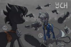 Size: 1600x1067 | Tagged: safe, artist:yarugreat, derpibooru import, oc, earth pony, pony, unicorn, fallout equestria, chainsaw, commission, dynamite, explosives, gun, magic, rope, telekinesis, weapon, ych advertisement, ych sketch, your character here