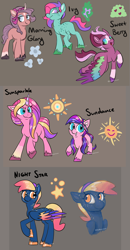 Size: 1276x2457 | Tagged: safe, artist:sallindaemon, derpibooru import, oc, oc:ivy, oc:morning glory, oc:night star, oc:sundance, oc:sunsparkle, oc:sweet berry, earth pony, pegasus, pony, unicorn, female, mare