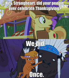 Size: 1280x1440 | Tagged: safe, derpibooru import, edit, edited screencap, screencap, braeburn, chief thunderhooves, little strongheart, over a barrel, the summer sun setback, caption, comic, holiday, image macro, king of the hill, screencap comic, text, thanksgiving, the implications are horrible