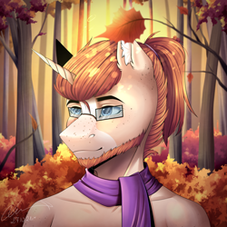 Size: 2200x2200 | Tagged: safe, artist:lunciakkk, derpibooru import, oc, oc only, oc:mckeypl, unicorn, autumn, bust, clothes, commission, forest, leaves, portrait, scarf, solo