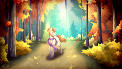 Size: 3960x2228 | Tagged: safe, artist:lunciakkk, derpibooru import, oc, oc only, oc:mckeypl, unicorn, autumn, clothes, commission, forest, leaves, scarf, solo