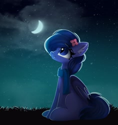 Size: 1982x2102 | Tagged: safe, artist:janelearts, derpibooru import, oc, oc only, bat pony, pony, bat pony oc, clothes, crescent moon, flower, flower in hair, moon, night, scarf, sitting, sky, solo, stars