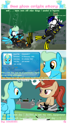 Size: 3000x5500 | Tagged: safe, artist:akififi, derpibooru import, oc, oc:sea glow, pegasus, pony, unicorn, air tank, bubble, cash register, crash, diving, diving suit, excited, flippers, happy, misspelling, onomatopoeia, scuba, scuba diving, scuba gear, shop, shopping, sinking, snorkel, spooked, swimming, underwater, wetsuit