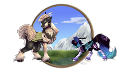 Size: 3960x2228 | Tagged: safe, artist:lunciakkk, derpibooru import, oc, oc only, chest fluff, commission, grass, mountain, simple background, transparent background, unshorn fetlocks, water