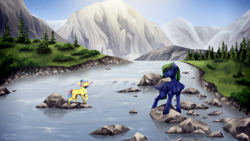 Size: 3960x2228 | Tagged: safe, artist:lunciakkk, derpibooru import, oc, oc only, oc:zultar green, pegasus, unicorn, commission, mountain, mountain range, river, rock, scenery, tree