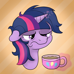 Size: 2000x2000 | Tagged: safe, artist:pony-thunder, derpibooru import, twilight sparkle, bust, coffee, morning ponies, solo, tired