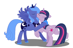 Size: 6812x4535 | Tagged: safe, artist:ak71, artist:brisafluttershy, derpibooru import, princess luna, twilight sparkle, unicorn twilight, alicorn, pony, unicorn, butt, eyes closed, female, kissing, lesbian, mare, plot, s1 luna, shipping, simple background, spread wings, transparent background, twiluna, wingboner, wings