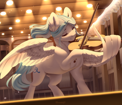 Size: 1000x857 | Tagged: safe, artist:evehly, derpibooru import, oc, oc only, oc:lesa castle, pegasus, pony, commission, eyes closed, female, hoof hold, mare, musical instrument, playing instrument, solo, stage, violin, wing hands, wings