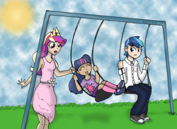 Size: 2987x2180 | Tagged: safe, artist:asterismo, artist:luxei, derpibooru import, princess cadance, shining armor, twilight sparkle, human, ^^, clothes, converse, dress, eyes closed, female, grass, happy, high res, humanized, male, outdoors, palindrome get, shoes, smiling, sun, swing, trio, younger