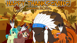 Size: 2063x1161 | Tagged: safe, artist:not-yet-a-brony, derpibooru import, chief thunderhooves, little strongheart, sandbar, yona, buffalo, earth pony, yak, feather, friendship, happy thanksgiving 2021, holiday, thanksgiving
