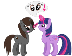 Size: 4096x3218 | Tagged: safe, artist:turnaboutart, derpibooru import, twilight sparkle, twilight sparkle (alicorn), oc, oc:sonata, alicorn, unicorn, blushing, canon x oc, compliment, crack shipping, female, glasses, lesbian, shipping, simple background, speech bubble, transparent background, turnabout storm