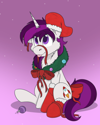 Size: 1712x2140 | Tagged: safe, artist:rokosmith26, derpibooru import, oc, oc only, oc:curiosity cosmos, pony, unicorn, bow, christmas, christmas stocking, christmas wreath, clothes, commission, ears, floppy ears, holiday, horn, leggings, looking up, male, one ear down, raised hoof, raised leg, ribbon, simple background, sitting, smiling, solo, stallion, sweat, sweatdrop, tail, tongue, tongue out, unicorn horn, unicorn oc, wreath, ych result