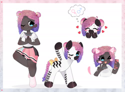 Size: 2225x1627 | Tagged: safe, artist:franshushu, derpibooru import, oc, oc only, oc:zuri sambo, human, zebra, :p, bisexual, bisexual pride flag, blushing, bow, cellphone, clothes, cute, dark skin, ear piercing, earring, eyes closed, female, heart, humanized, humanized oc, jewelry, one eye closed, open mouth, phone, piercing, pride, pride flag, reference sheet, selfie, shirt, simple background, skirt, smartphone, socks, solo, tail, tail bow, thought bubble, tongue, tongue out, white background, wink, yoga, zebra oc