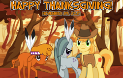 Size: 2064x1321 | Tagged: safe, anonymous artist, derpibooru import, braeburn, little strongheart, marble pie, buffalo, earth pony, 2021, autumn, braeble, braeheart, feather, female, forest, friendship, happy thanksgiving 2021, holiday, male, scenery, shipping, smiling, straight, thanksgiving