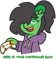 Size: 3800x3984 | Tagged: safe, artist:threetwotwo32232, derpibooru import, oc, oc:anon-mare, earth pony, pony, cheeto dust, clothes, controller, female, g3 hoof, hoodie, mare, simple background, solo, suddenly hands, transparent background