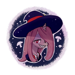 Size: 1280x1280 | Tagged: safe, artist:fipoki, derpibooru import, pony, unicorn, female, grin, hat, horn, lidded eyes, little witch academia, looking at you, sharp teeth, simple background, smiling, smiling at you, solo, sucy manbavaran, teeth, transparent background, white pupils, witch hat