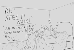 Size: 3000x2000 | Tagged: safe, artist:enonnnymous, derpibooru import, ponybooru exclusive, princess celestia, alicorn, pony, /sun/, bed, bedroom, caught, clothes, cutelestia, female, heavy metal, implied anon, looking at you, lying down, mare, messy room, metallica, monochrome, offscreen character, on back, pantera, pillow, shirt, singing, sketch, solo