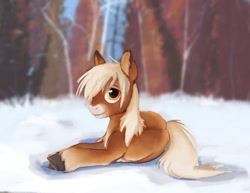 Size: 1500x1158 | Tagged: safe, artist:anonymous, derpibooru import, oc, oc only, oc:sleighride, pony, looking at you, lying down, male, on side, smiling, smiling at you, snow, snowpony (species), solo, stallion, taiga pony, unshorn fetlocks, yakutian horse