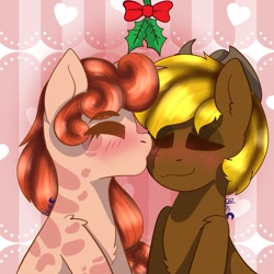 Size: 1440x1439 | Tagged: safe, artist:bluemoon, oc, oc only, oc:acres, oc:pumpkin patch, earth pony, pony, blonde, blonde mane, blushing, brown coat, cute, duo, earth pony oc, eyes closed, female, holly, holly mistaken for mistletoe, kiss, kiss on the cheek, male, mare, ocbetes, orange mane, shipping, stallion, straight