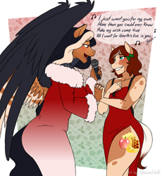 Size: 3400x3700 | Tagged: safe, artist:hasana-chan, oc, oc only, oc:breaking dawn, oc:honeycrisp meadow, anthro, earth pony, pegasus, unguligrade anthro, all i want for christmas is you, blushing, clothes, commission, couple, digital art, dress, earth pony oc, female, gilf, hearth's warming eve, holding hands, holly, lesbian, lesbian couple, looking at each other, looking at someone, mare, mariah carey, microphone, milf, oc x oc, open mouth, open smile, pegasus oc, shipping, side slit, singing, smiling, smiling at each other, total sideslit