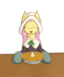 Size: 1920x2320 | Tagged: safe, artist:wapamario63, fluttershy, pegasus, pony, clothes, cute, eyes closed, female, food, happy, mare, pie, pilgrim outfit, pumpkin pie, shyabetes, simple background, smiling, smiling at you, solo, table, thanksgiving, transparent background