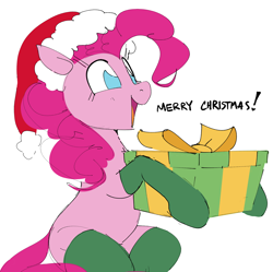 Size: 1846x1837 | Tagged: safe, artist:hattsy, pinkie pie, earth pony, pony, dialogue, evening gloves, female, hoof hold, mare, merry christmas, open mouth, open smile, present, santa hat, sitting, smiling, socks, solo, thigh highs