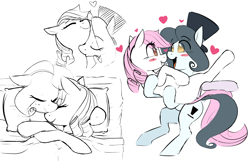 Size: 1676x1080 | Tagged: safe, artist:hattsy, oc, oc:hattsy, oc:lyrabop, earth pony, pony, bed, blanket, blushing, eye contact, eyes closed, female, heart, holding a pony, hug, kiss, looking at each other, mare, on side, open mouth, open smile, pillow, smiling, top hat