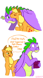 Size: 2350x4272 | Tagged: safe, artist:bellbell123, derpibooru import, applejack, spike, dragon, earth pony, pony, applespike, bags under eyes, caught, cookie, cookie jar, crumbs, cute, dialogue, eating, eyes closed, female, food, high res, implied apple bloom, male, mare, older, older spike, resting, shipping, simple background, speech bubble, straight, sweat, sweatdrop, tired, white background, winged spike, wings