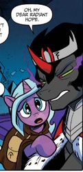 Size: 395x813 | Tagged: safe, artist:andypriceart, derpibooru import, idw, king sombra, radiant hope, crystal pony, umbrum, siege of the crystal empire, cape, cloak, clothes, speech bubble