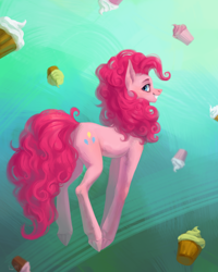 Size: 2000x2500 | Tagged: safe, artist:inarimayer, derpibooru import, pinkie pie, earth pony, pony, cupcake, ear fluff, ears, female, food, grin, high res, looking back, mare, profile, smiling, solo