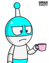 Size: 1012x1305 | Tagged: safe, artist:gradiusfanatic, derpibooru import, oc, oc only, oc:bx-8, robot, barely pony related, coffee cup, cup, i see, male, poker face, robot oc, simple background, transparent background