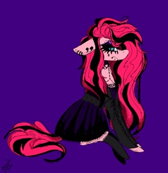 Size: 802x828 | Tagged: safe, artist:namiiarts, derpibooru import, earth pony, pony, back, black socks, clothes, ear piercing, earring, ears, goth, jewelry, lidded eyes, looking at you, piercing, skirt, socks, unamused