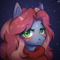 Size: 500x500 | Tagged: safe, artist:blueomlette, derpibooru import, oc, oc only, anthro, earth pony, bedroom eyes, blushing, bust, clothes, digital art, female, looking at you, portrait, smiling, smiling at you, snow, solo, sweater