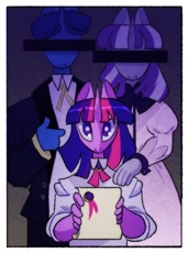 Size: 823x1200 | Tagged: safe, artist:stevetwisp, derpibooru import, night light, twilight velvet, anthro, unicorn, censor bar, censored, clothes, dress, female, hands on shoulder, male, paper, school uniform, shirt