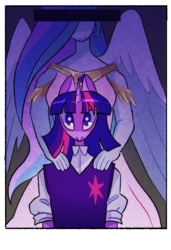 Size: 823x1200 | Tagged: safe, artist:stevetwisp, derpibooru import, princess celestia, twilight sparkle, alicorn, anthro, unicorn, censor bar, censored, clothes, dress, female, hands on shoulder, school uniform, shirt, vest