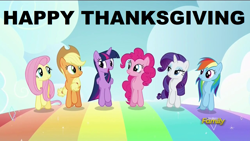 Size: 1280x720 | Tagged: safe, derpibooru import, edit, edited screencap, screencap, applejack, fluttershy, pinkie pie, rainbow dash, rarity, twilight sparkle, twilight sparkle (alicorn), alicorn, all bottled up, best friends until the end of time, holiday, mane six, rainbow, thanksgiving